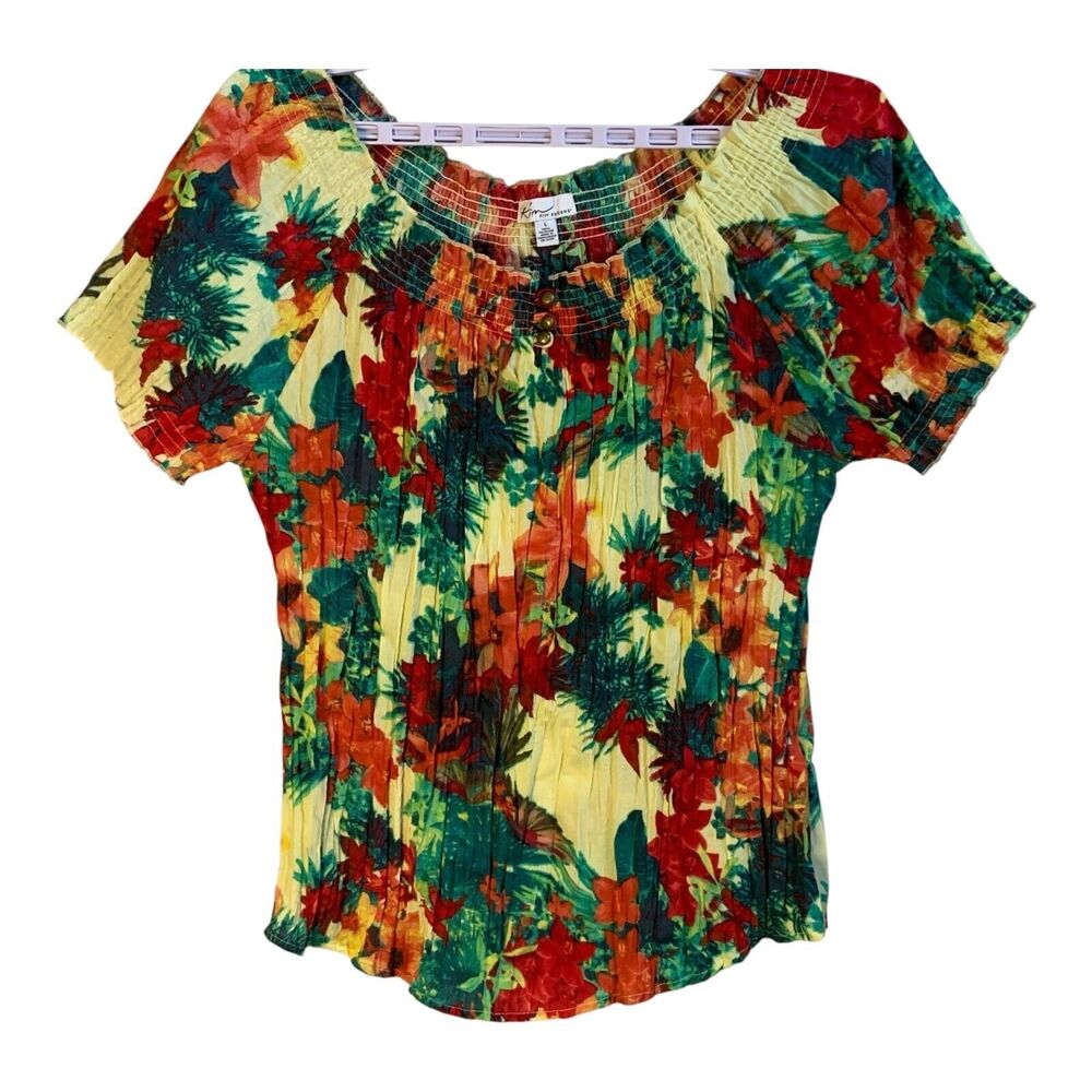Kim Rogers Blouse Size L Short Sleeve Pleated Stretch Floral Pull Over Women's